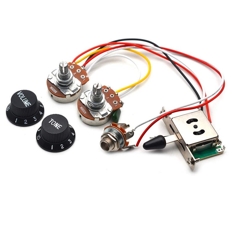 SAPHUE Guitar Wiring Harness Set Prewired 500K Big Pots 5 Way Switch Wiring Harness Kit with 6.35 Output/Black Knobs for Electric Guitar - Image 1